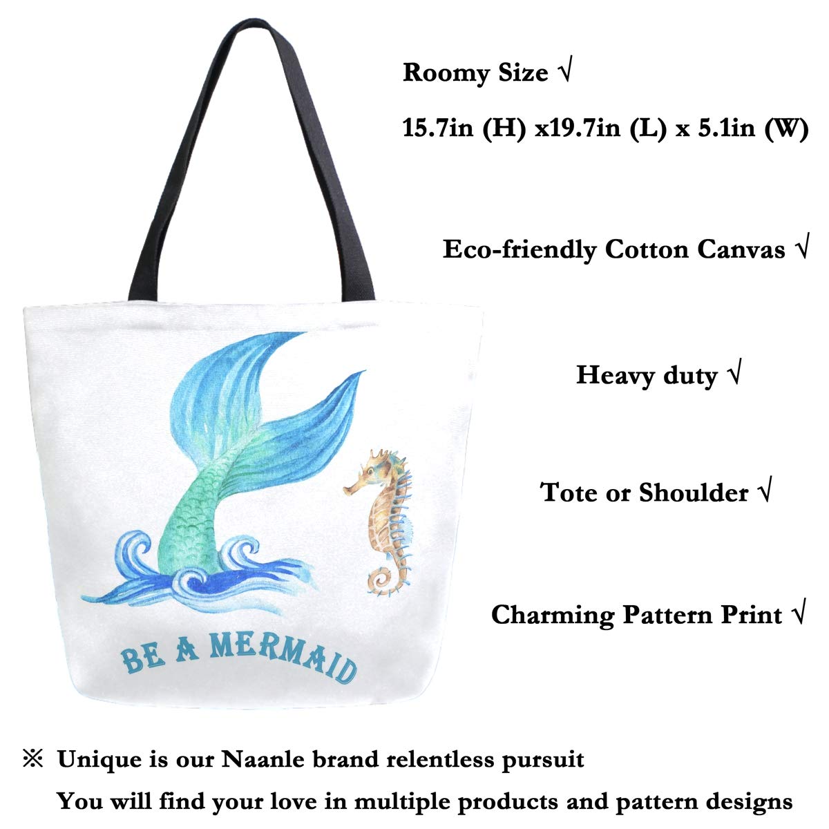 Naanle Be A Mermaid Canvas Tote Bag Large Women Casual Shoulder Bag Handbag, Mermaid Seahorse Reusable Multipurpose Heavy Duty S